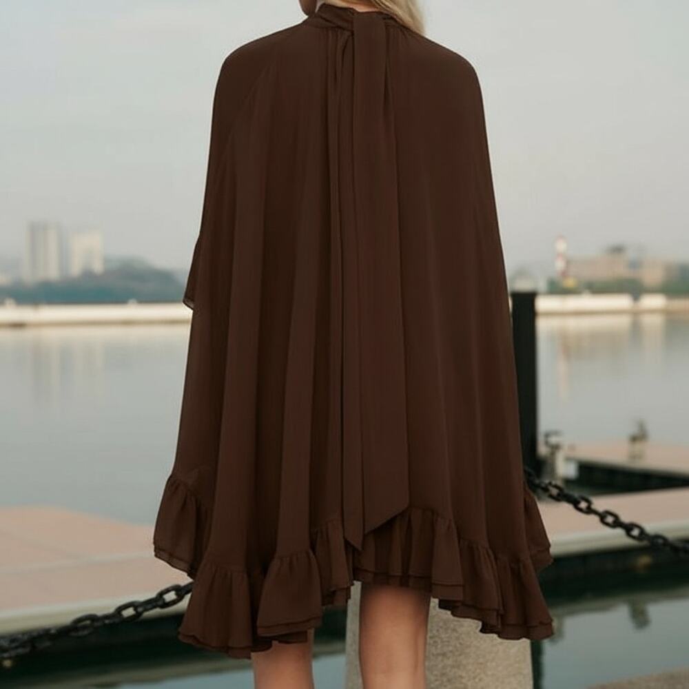 Commense Brown Semi-Sheer Chiffon Ruffle Mini Dress with Cape Overlay – Size M - Picture 4 of 6